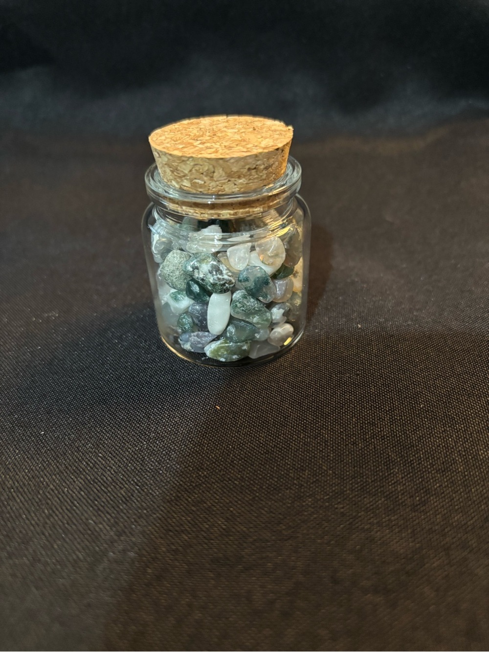 Crystal Wishing Jar - Small Glass Jar with Cork Lid and Small Moss Agate Tumbles